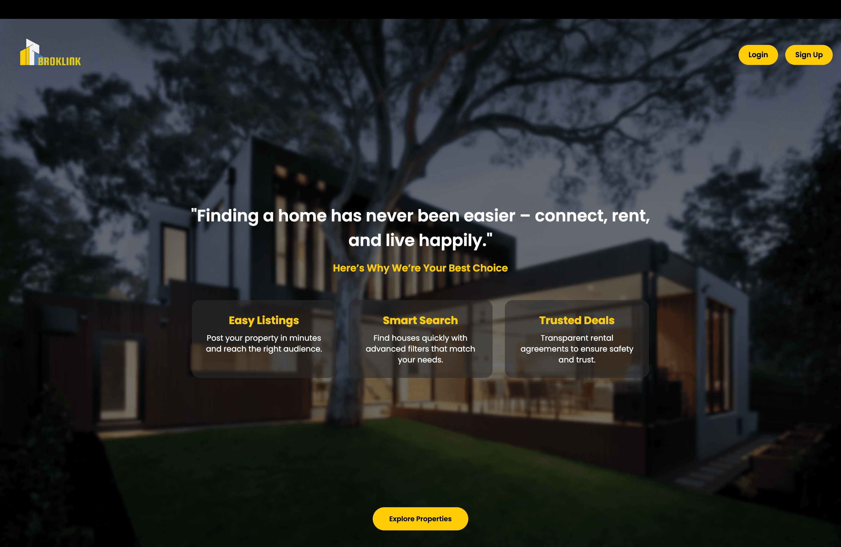 Broklink rental property discovery and management platform landing page