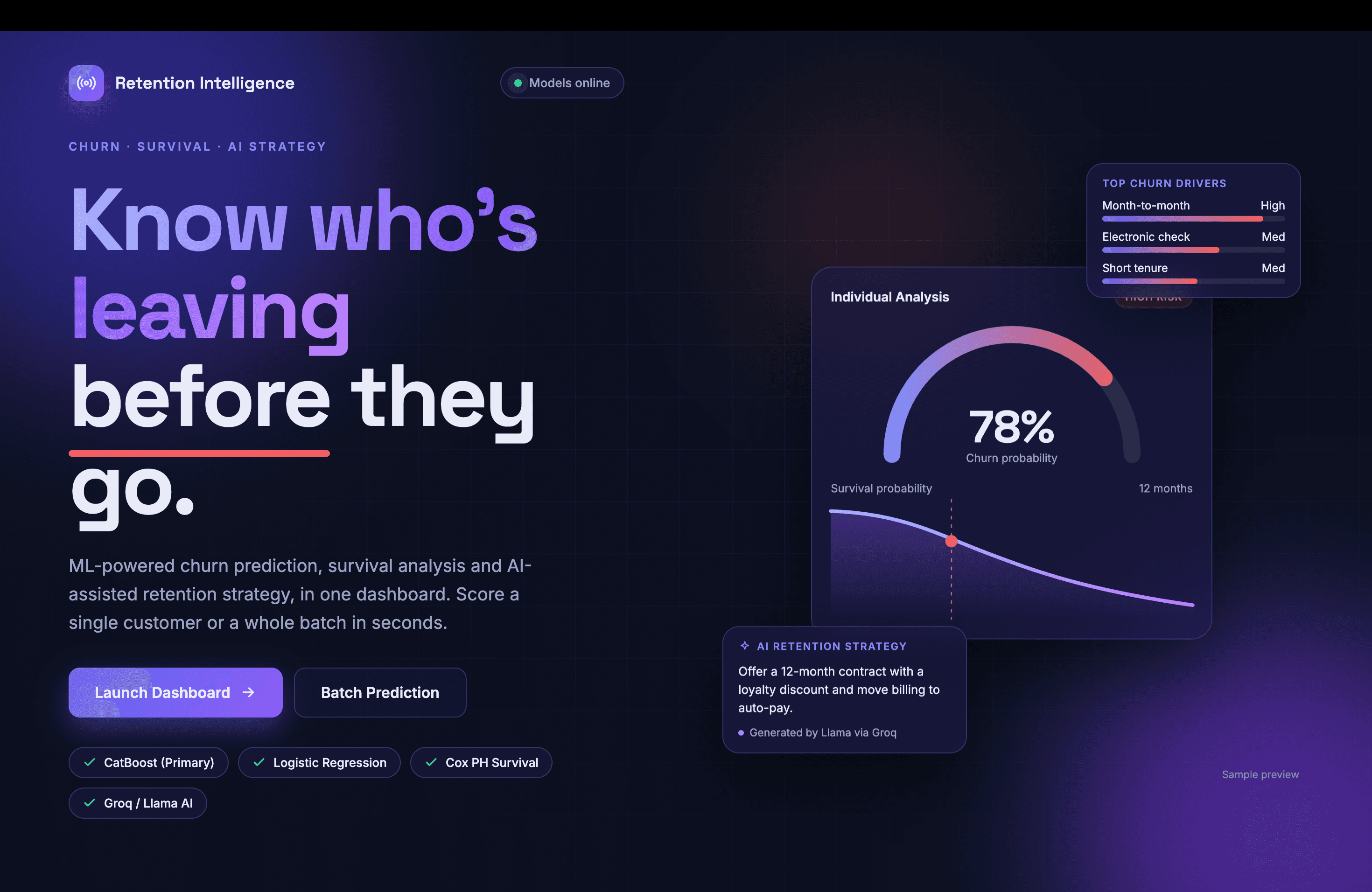 Customer Churn Prediction platform welcome page showcasing retention intelligence, predictive analytics, and survival curves