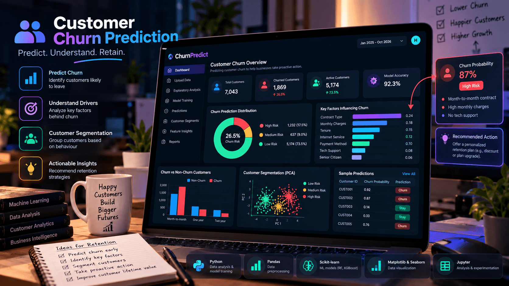 Customer Churn Prediction dashboard showing telecom retention intelligence, survival curves, and risk metrics