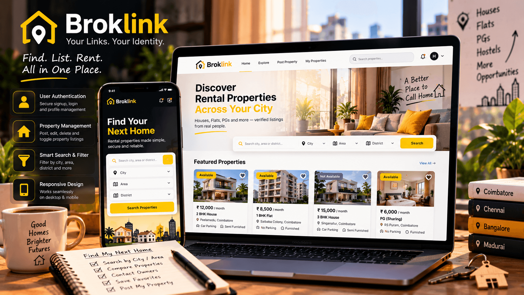 Broklink rental property platform showcase showing mobile and desktop property discovery and management interfaces