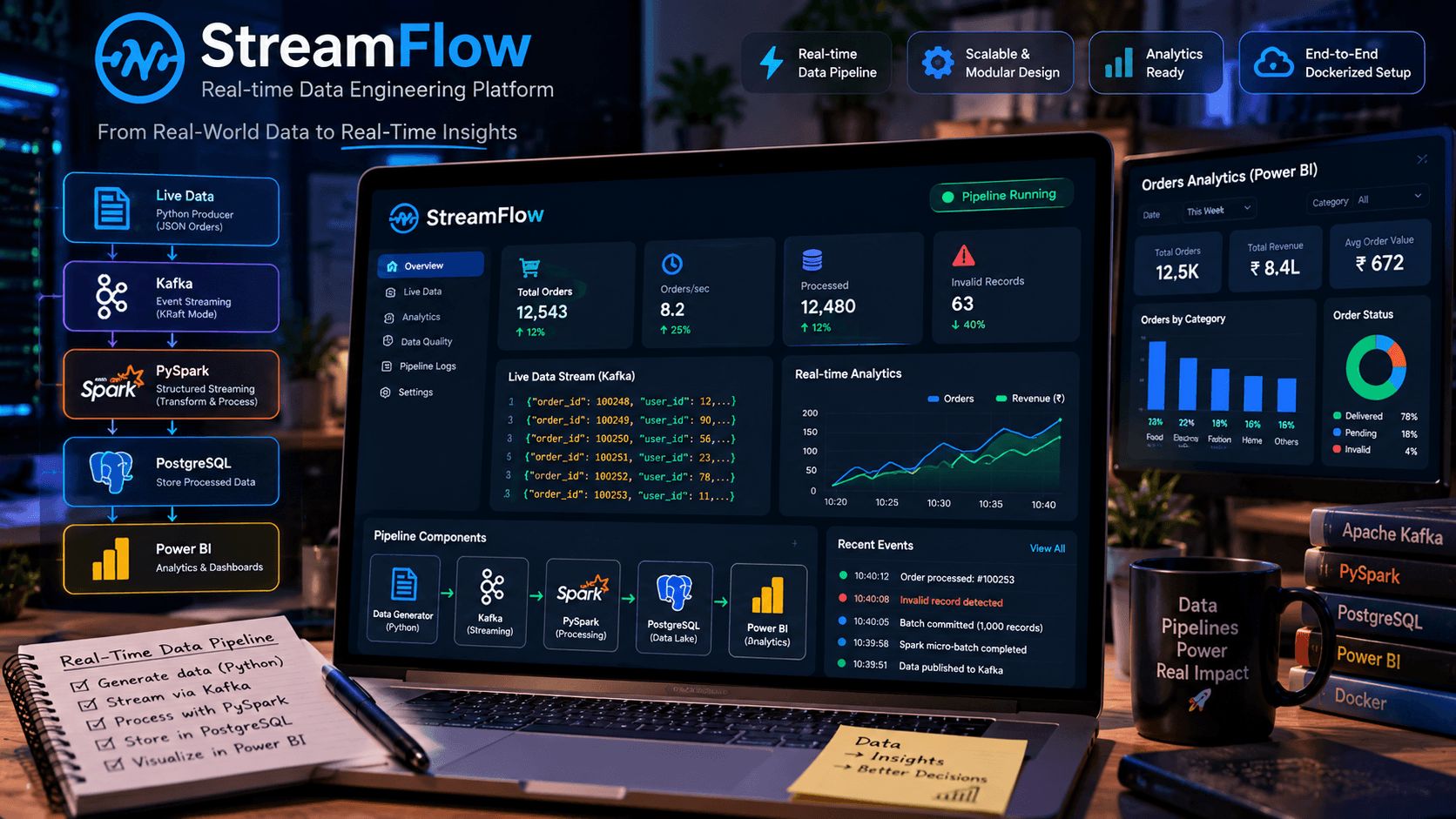 StreamFlow real-time data engineering pipeline architecture and streaming dashboard showcase