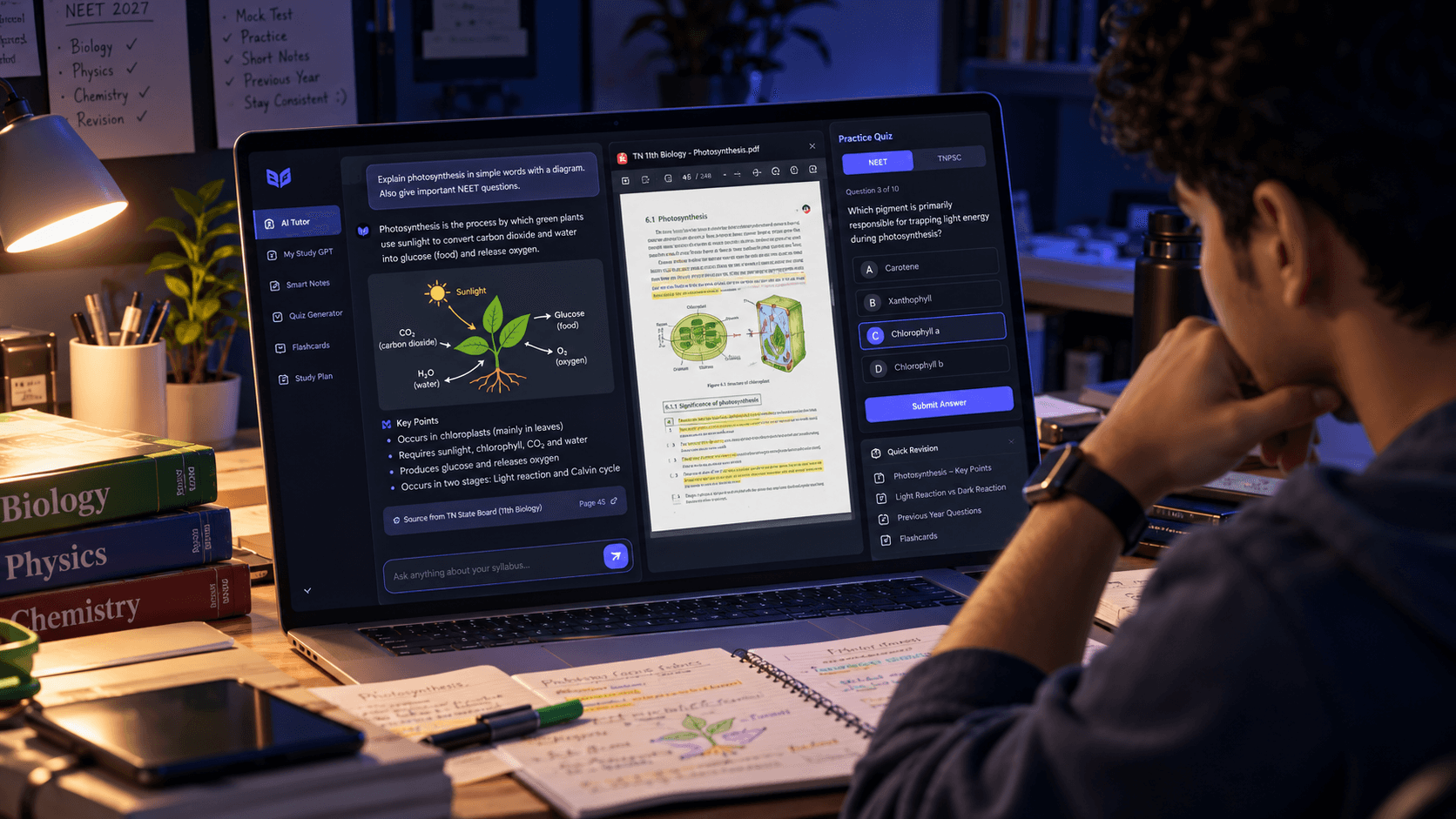 Vinaval AI learning arena showing curriculum-grounded tutoring, a textbook PDF, and an interactive practice quiz